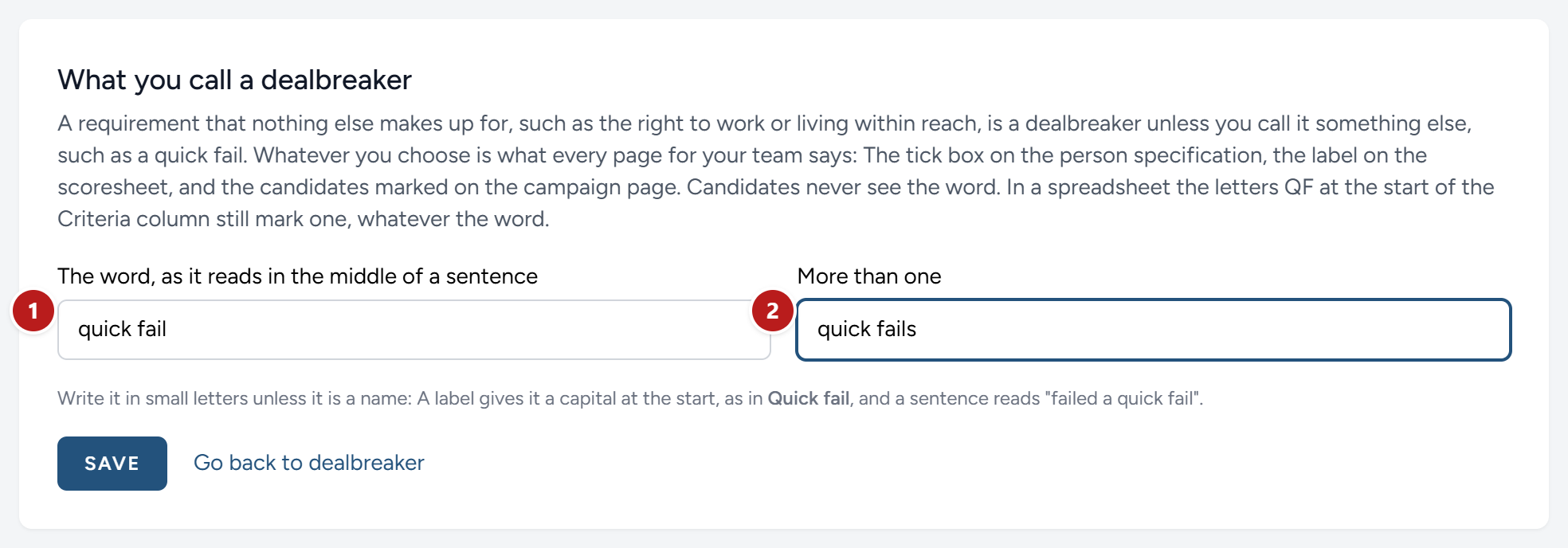 The Words tab, with quick fail typed in.