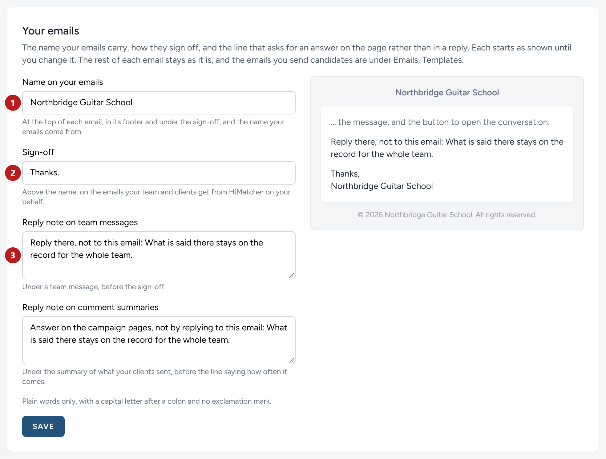 Your emails, at the foot of Email options: The name (1), the sign-off (2) and the reply notes (3), with the end of a team message as it will read beside them.