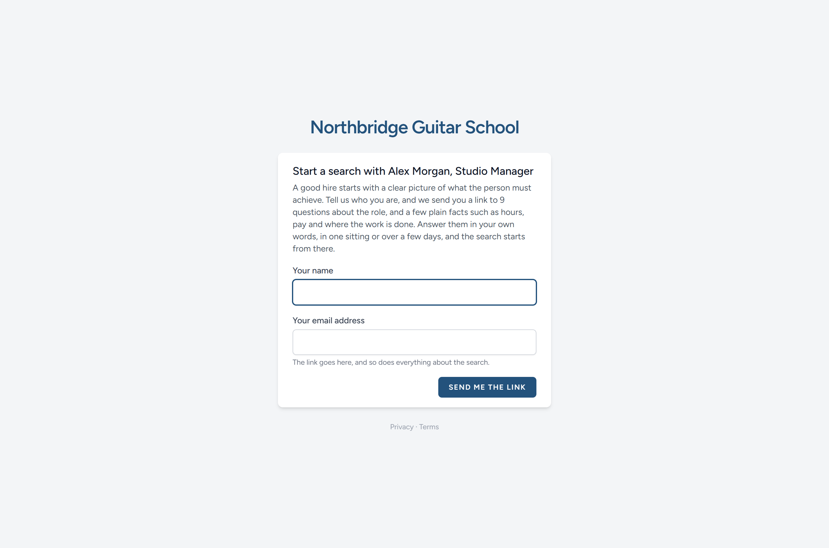 The start page: Name and email first, and the link comes by email.