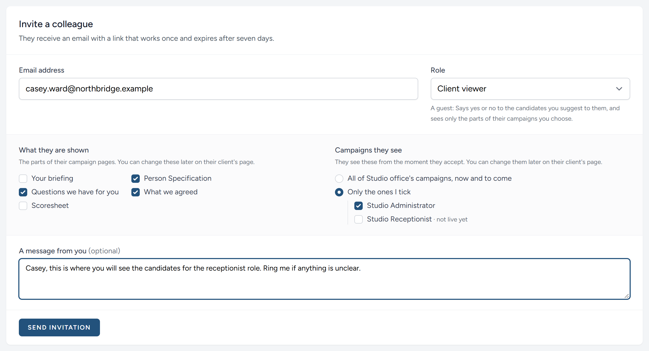 Inviting a client viewer from their department's page: The campaigns they will see, ticked, and a message of your own.