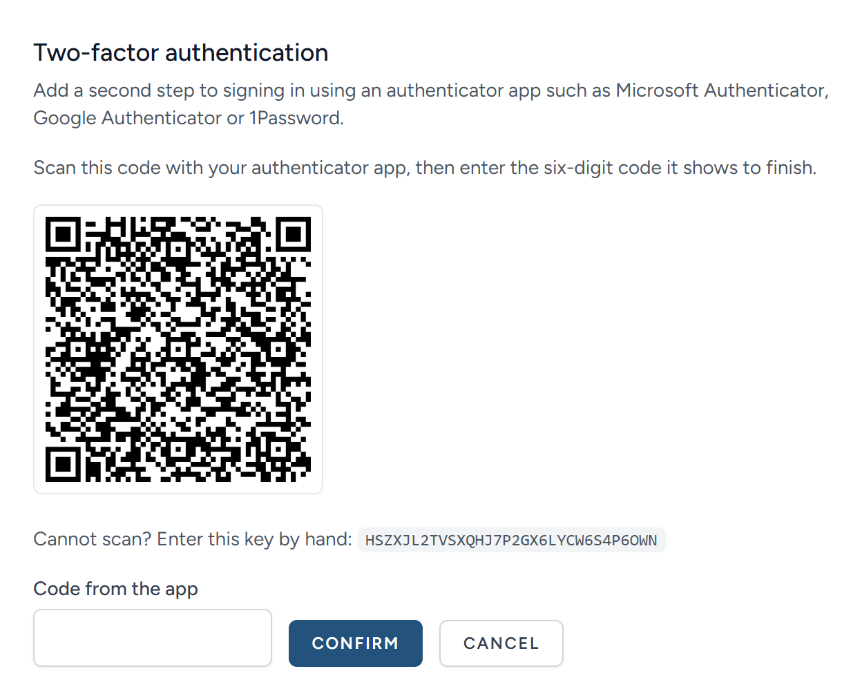 Setting up the second step. The square code is scanned with the app on your telephone.